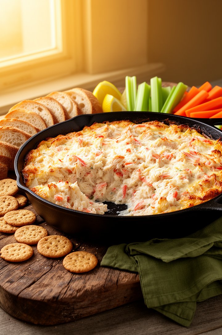Wide 45-degree angle of the finished hot crab dip in a cast iron skillet on an aged wooden board, surrounded by an arrangement of sliced sourdough bread on one side, scattered crackers, and cut vegeta