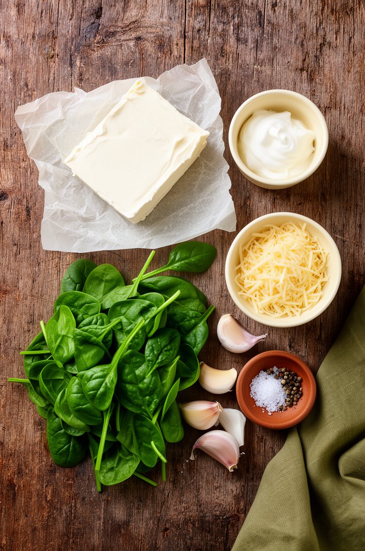 Overhead flat-lay on aged wooden board showing ingredients for spinach dip — a block of cream cheese on parchment, small butter-cream ceramic bowls of sour cream, grated parmesan, and shredded mozzare