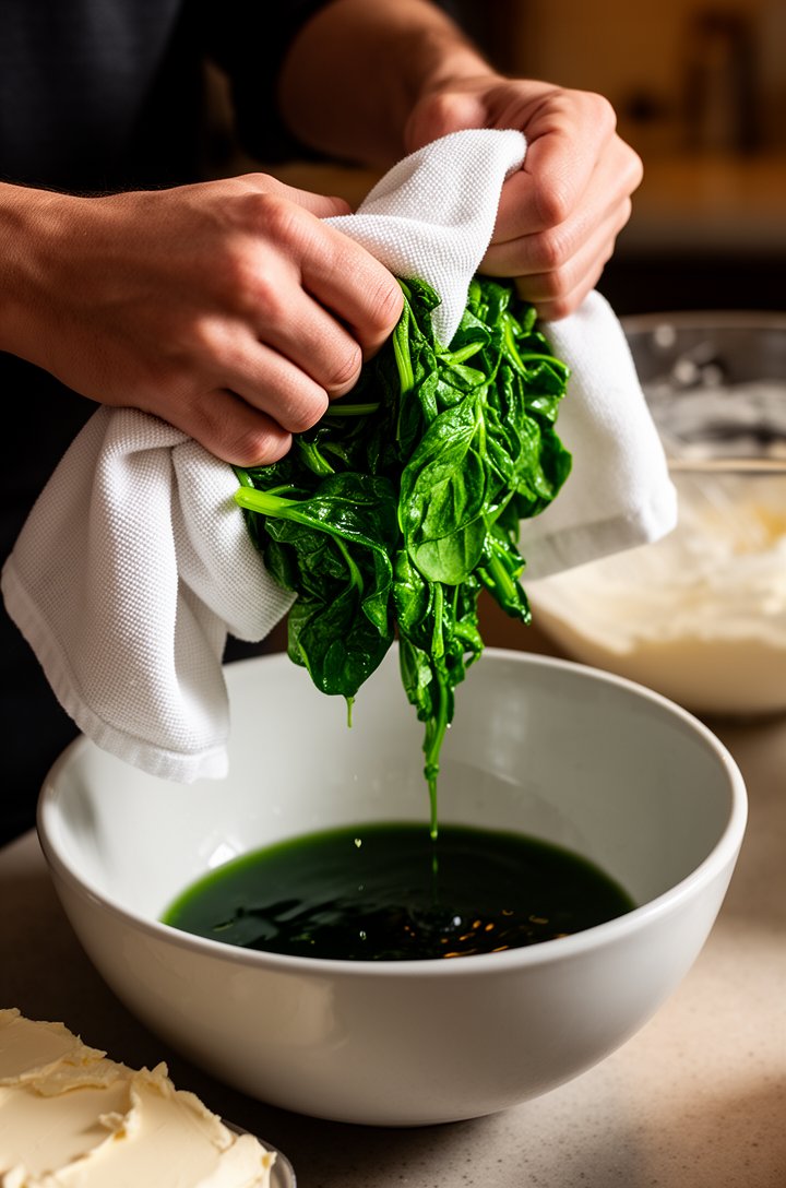 Close-up 30-degree angle of hands wringing bright green wilted spinach in a white dish towel over a mixing bowl, dark green water dripping out, kitchen counter with cream cheese block and mixing bowl 