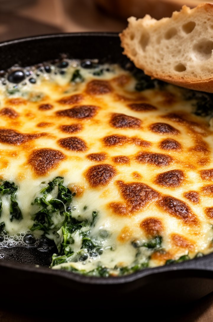 Extreme close-up macro of hot spinach dip in a dark cast iron skillet just pulled from the oven, bubbly golden-brown mozzarella on top with leopard-spot browning pattern, creamy green spinach filling 