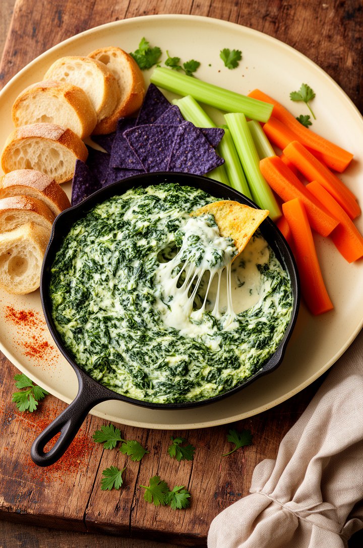 Overhead beauty shot of the spinach dip in a cast iron skillet on an aged wooden board, surrounded by sliced baguette rounds, blue corn tortilla chips, celery sticks, and carrot sticks on a butter-cre