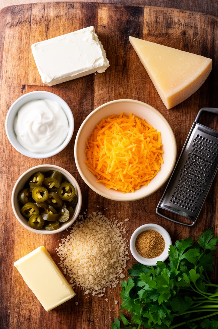 Overhead flat-lay of all jalapeño popper dip ingredients arranged on an aged wooden cutting board — a block of cream cheese, bowl of sour cream, shredded cheddar in a butter-cream ceramic bowl, small 