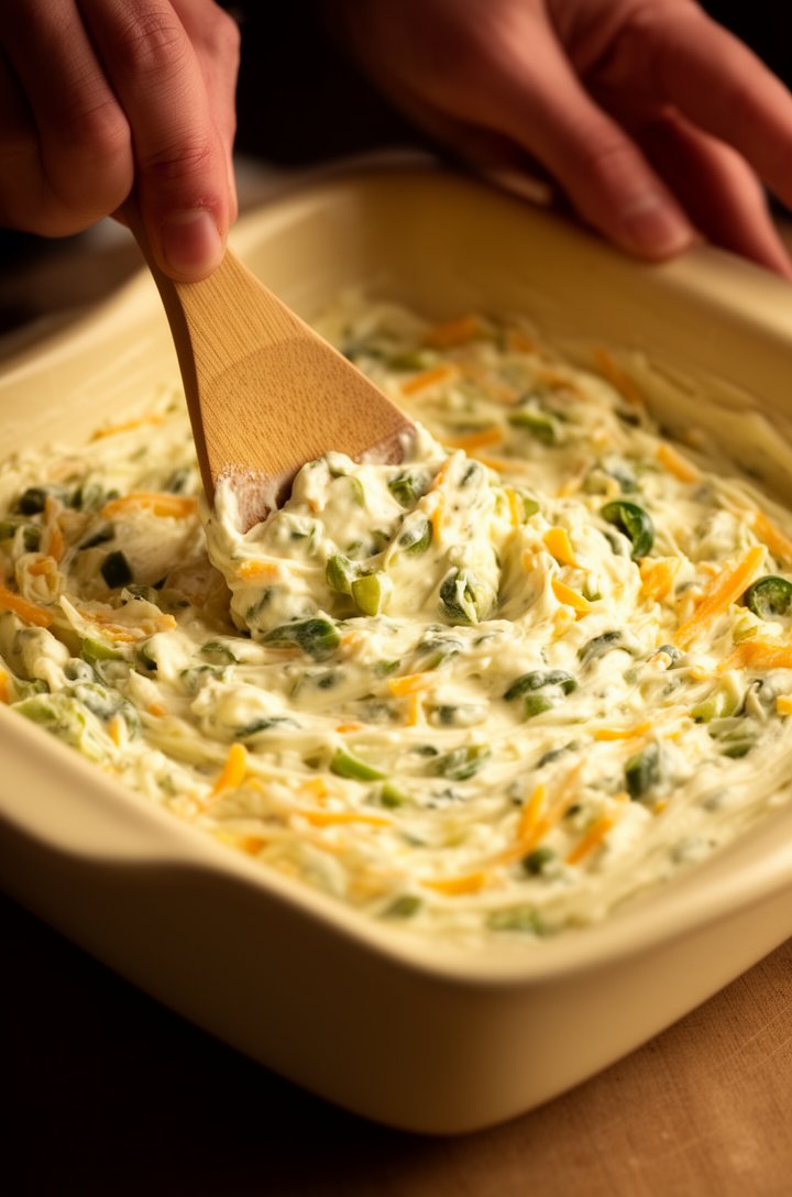 Close-up 30-degree angle of hands spreading the creamy jalapeño cheese mixture into an 8x8 butter-cream ceramic baking dish with a wooden spatula, mixture thick and studded with visible green jalapeño