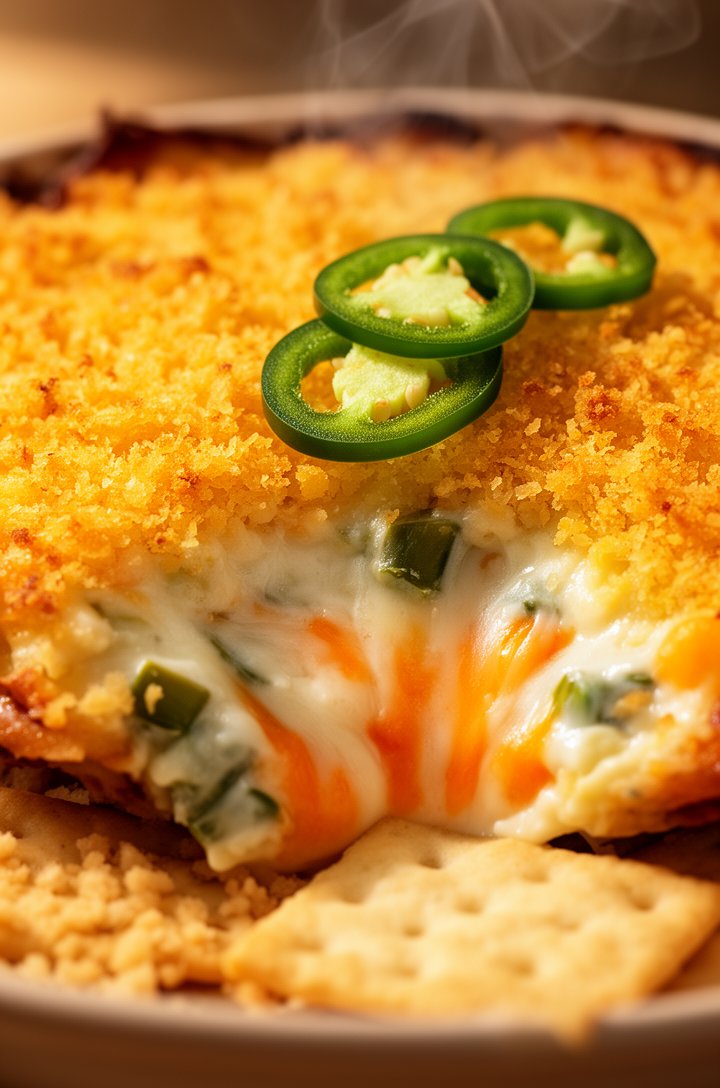 Extreme close-up macro shot of the baked jalapeño popper dip with golden-brown panko breadcrumb topping, a cracker partially submerged where someone has scooped revealing the creamy white and orange m