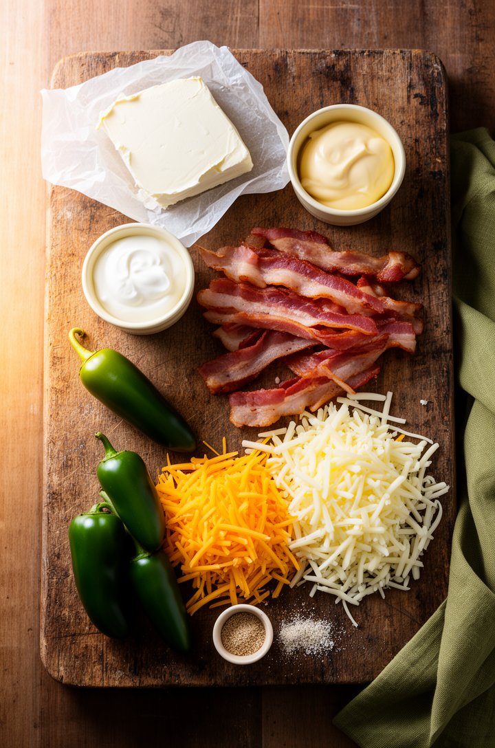 Overhead flat-lay on aged wooden board of jalapeño popper dip ingredients arranged for mise en place — block of cream cheese on parchment, small butter-cream ceramic bowls of sour cream and mayonnaise