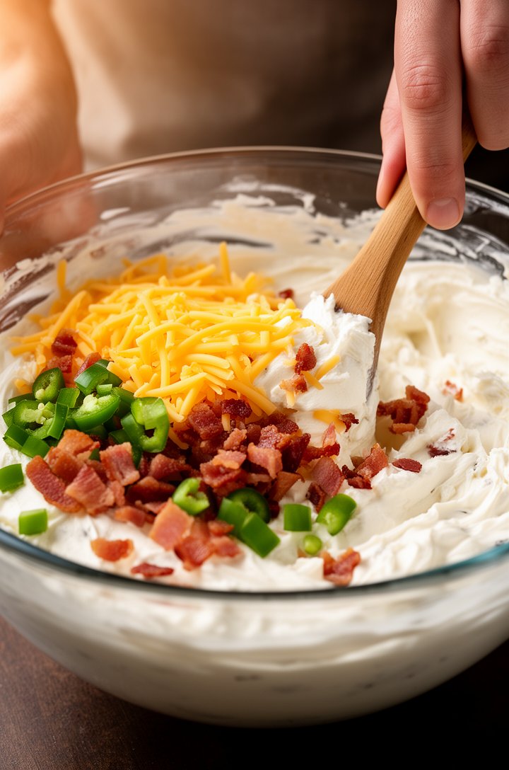 Close-up 30-degree angle of hands mixing the cream cheese filling in a large glass mixing bowl — smooth creamy white base with visible chopped crispy bacon pieces, diced green jalapeño, and shredded g