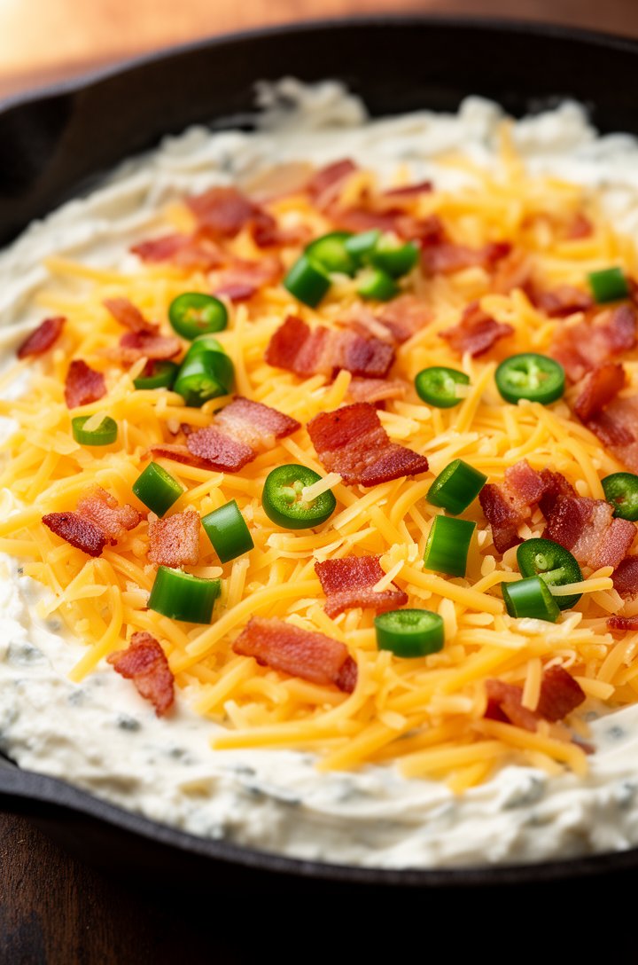 Extreme close-up macro of the assembled unbaked jalapeño popper dip in a dark cast iron skillet — creamy white filling spread evenly with a thick layer of shredded cheddar and Monterey Jack cheese on 