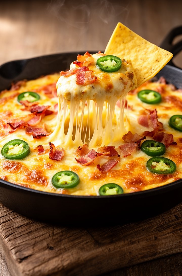 Close-up 45-degree angle of the finished jalapeño popper dip in a dark cast iron skillet, a tortilla chip being scooped through the dip creating a visible cheese pull with long golden strings of melte