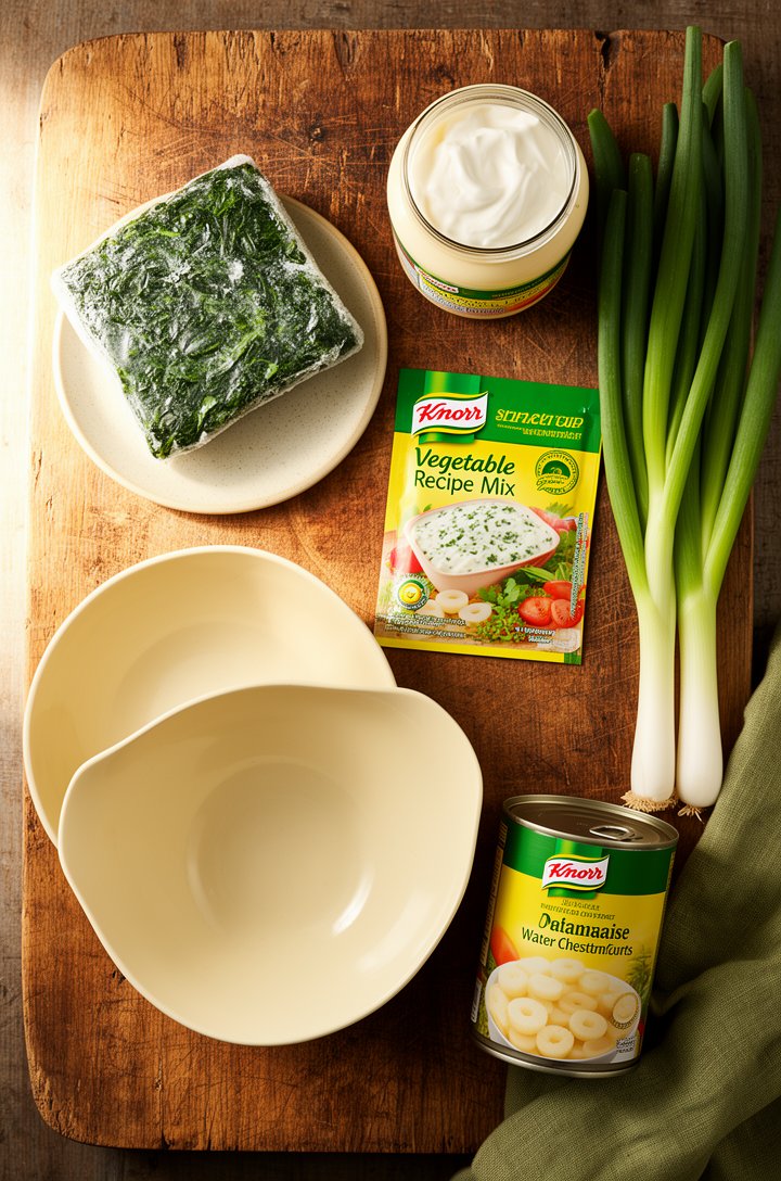 Overhead flat-lay of ingredients for Knorr spinach dip arranged on an aged wooden cutting board — a block of frozen spinach thawing on a small plate, a tub of sour cream, a jar of mayonnaise, a Knorr 