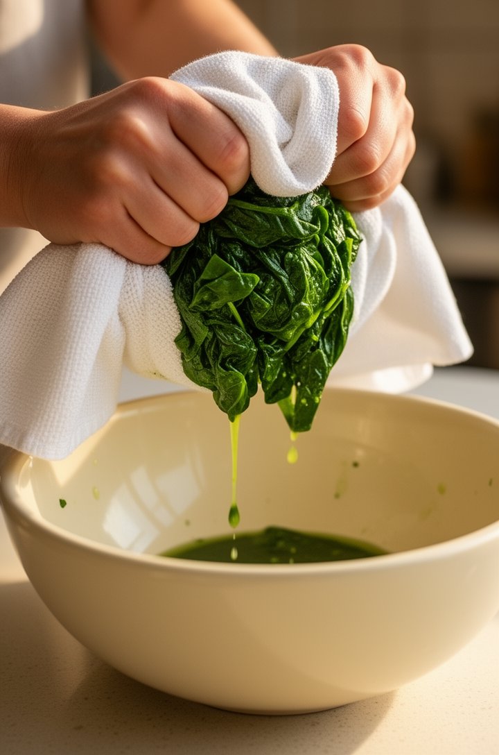 Close-up 45-degree angle of hands squeezing thawed spinach in a clean white kitchen towel over a bowl, green liquid visibly dripping out, kitchen counter with butter-cream ceramic bowl waiting nearby,