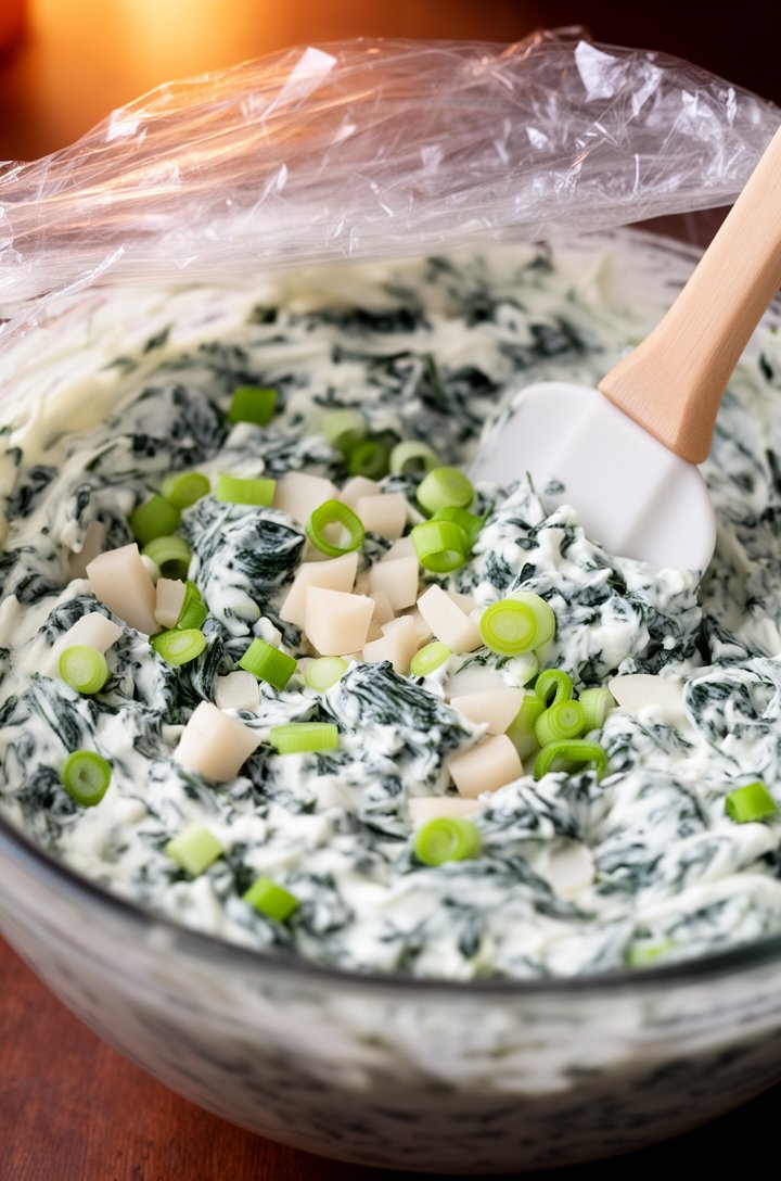 Close-up macro shot of the mixed spinach dip in a large glass mixing bowl, creamy white base flecked with dark green spinach pieces, visible chopped water chestnuts, sliced green onion scattered throu