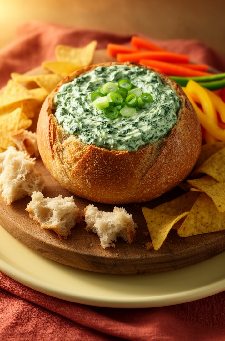 Beauty shot at 30-degree angle of finished Knorr spinach dip served inside a hollowed-out round sourdough bread bowl on a rustic wooden board, dip is thick and creamy green with visible spinach and a 