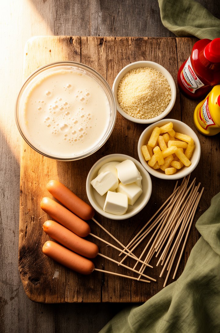 Overhead flat-lay of Korean corn dog ingredients arranged on an aged wooden board — bowl of risen yeasted batter with visible bubbles, small butter-cream ceramic bowls of panko breadcrumbs and diced f