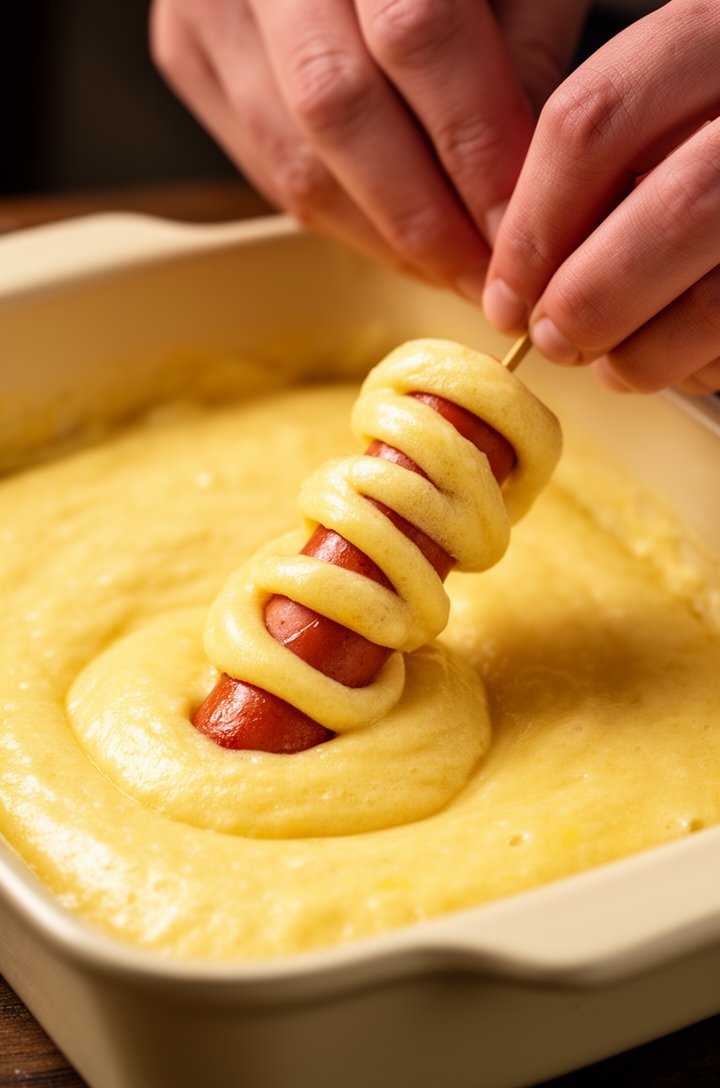 Close-up 30-degree angle of hands twisting a skewered hot dog and cheese through thick golden yeasted batter in a shallow rectangular pan, batter coating wrapping in a spiral around the skewer, visibl