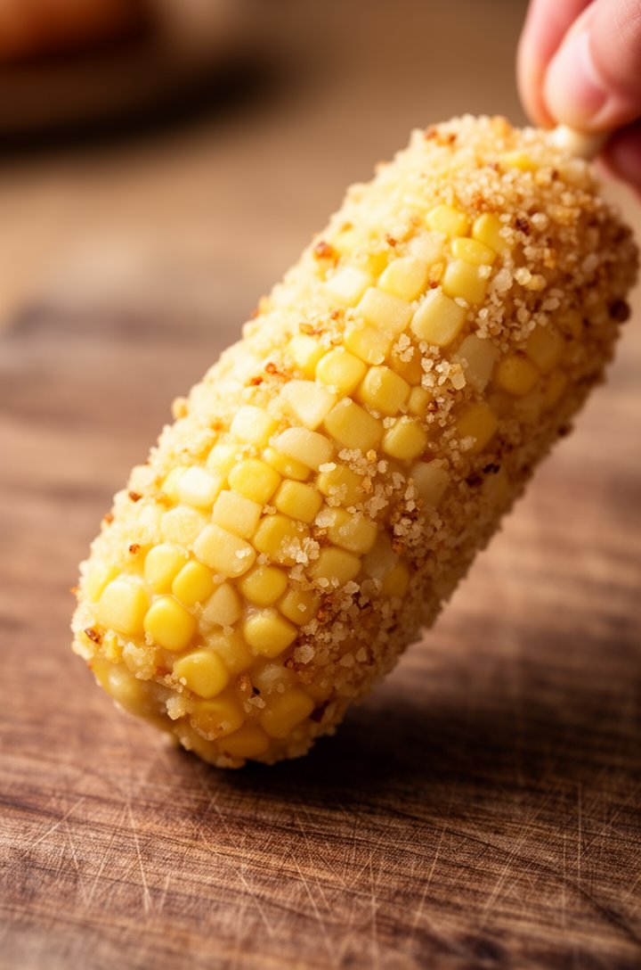 Macro close-up of a coated but unfried Korean corn dog being held at an angle, showing the textured surface of small potato cube pieces pressed into batter with panko breadcrumbs packed over them, raw