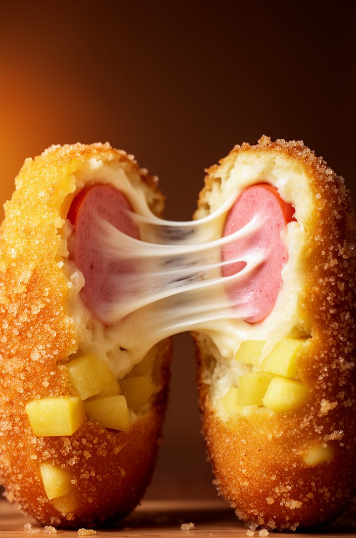 Dynamic shot of a Korean corn dog broken in half showing a dramatic mozzarella cheese pull stretching between the two halves, golden crispy exterior with visible potato cubes and panko coating, sugar 