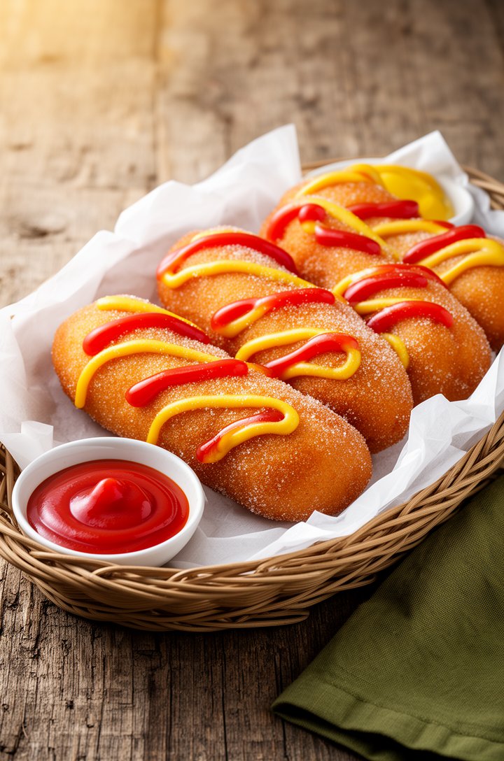 45-degree angle shot of four golden Korean corn dogs lined up in a woven basket lined with white parchment paper, each dusted with sugar and drizzled with zigzag lines of red ketchup and yellow mustar