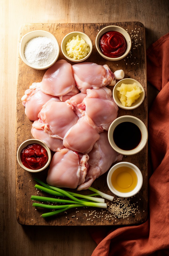 Overhead flat-lay of raw chicken pieces on an aged wooden cutting board, small butter-cream ceramic bowls of potato starch, gochujang paste, minced garlic and ginger, honey, soy sauce, and sesame oil 