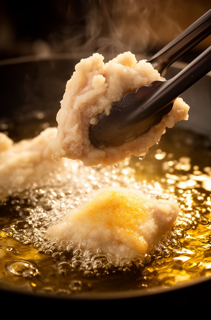 Extreme close-up macro of chicken pieces being lowered into bubbling hot oil with tongs, golden oil fizzing and bubbling around the pale starch-coated chicken, one piece already in the oil turning lig
