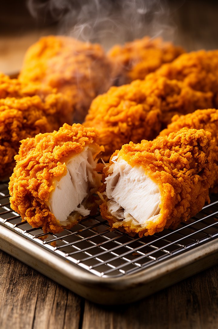 Close-up 30-degree angle of deep golden-brown double-fried chicken pieces resting on a wire rack over a sheet pan, crust visibly craggy and textured, steam rising gently, one piece broken open showing