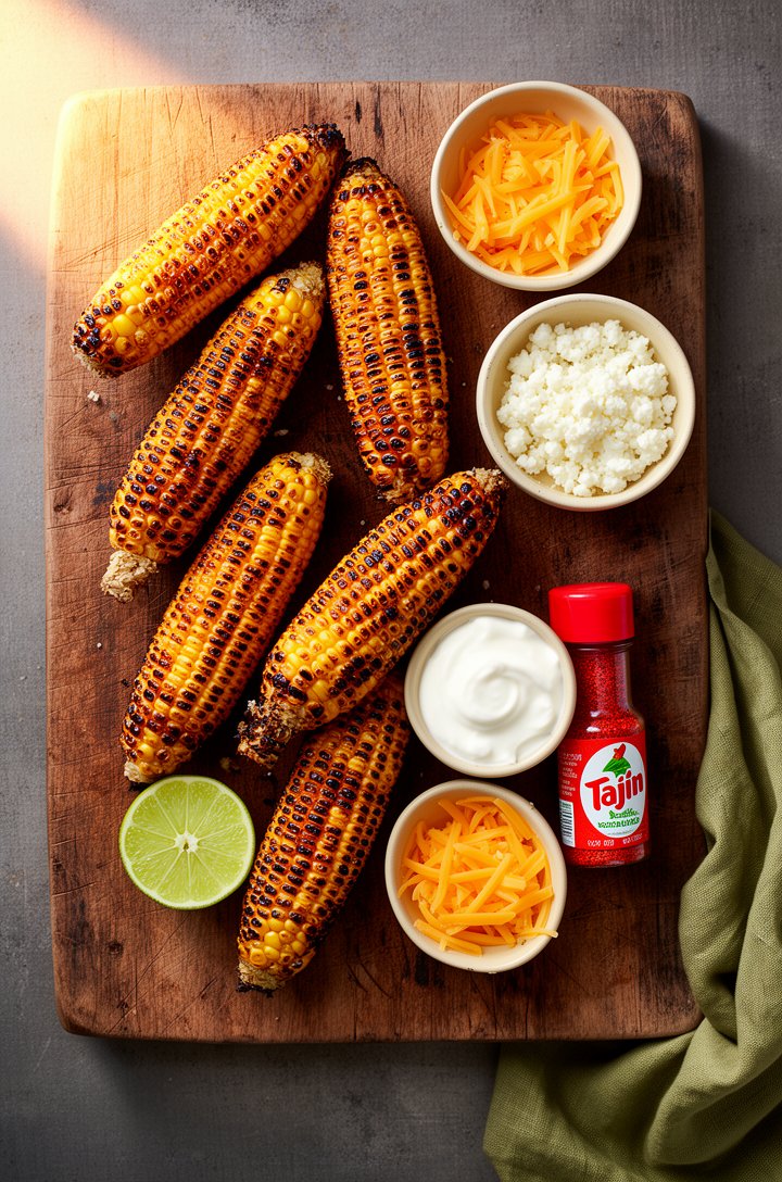Overhead flat-lay of six ears of charred grilled corn on an aged wooden cutting board, small butter-cream ceramic bowls of crumbled cotija cheese, shredded cheddar, sour cream, and a red-capped bottle