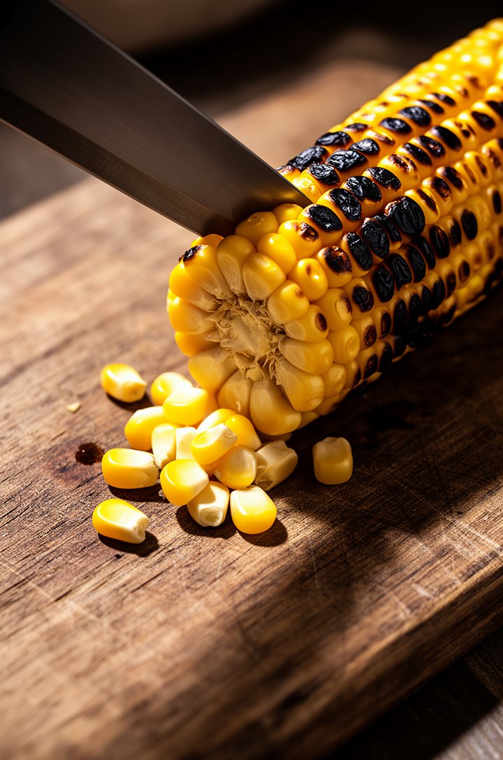Close-up 30-degree angle of golden corn kernels being cut off a charred cob with a sharp knife, kernels falling onto an aged wooden board, blackened char marks clearly visible on the cob, a few loose 