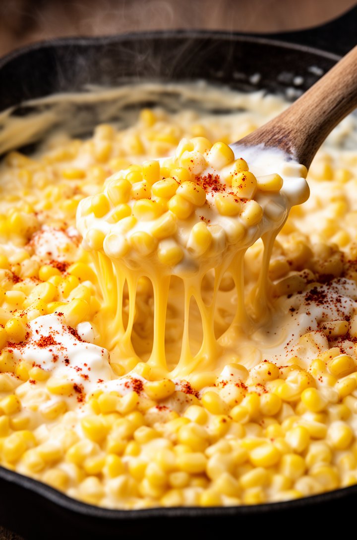 Macro close-up of the creamy corn dip mixture being stirred in a dark cast iron skillet, melting cheddar stretching through golden corn kernels, sour cream and mayo creating a glossy creamy coating on