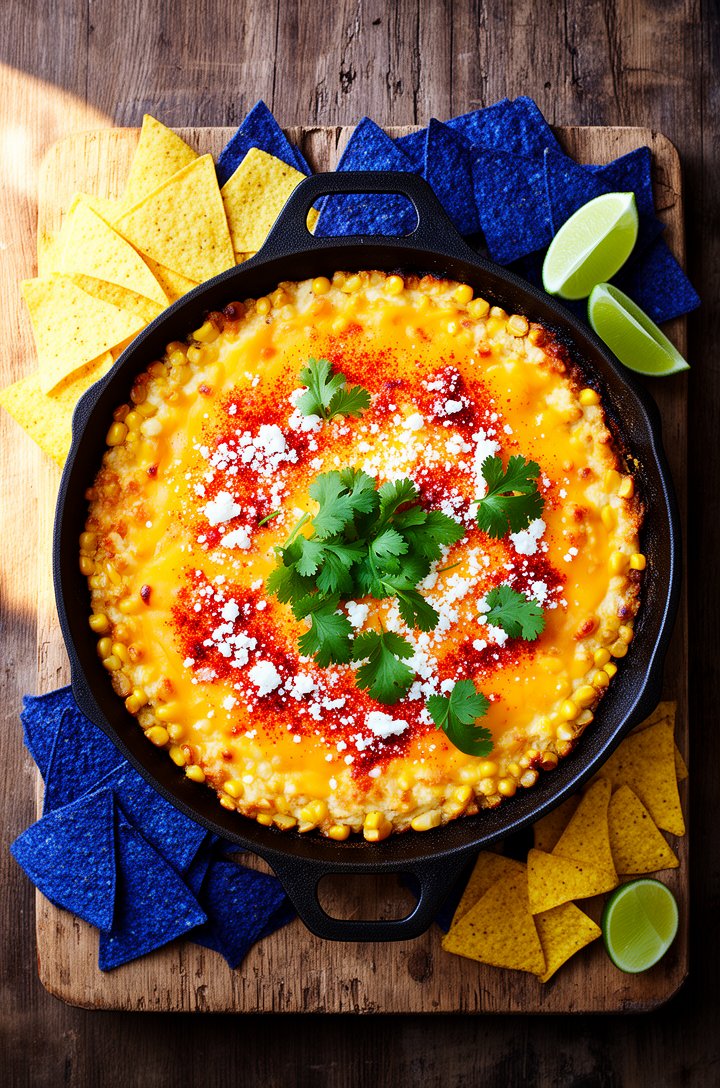 Overhead beauty shot of the finished Mexican street corn dip in a dark cast iron skillet, top broiled to bubbly golden-brown with melted cheddar and scattered white cotija crumbles, bright red Tajin d