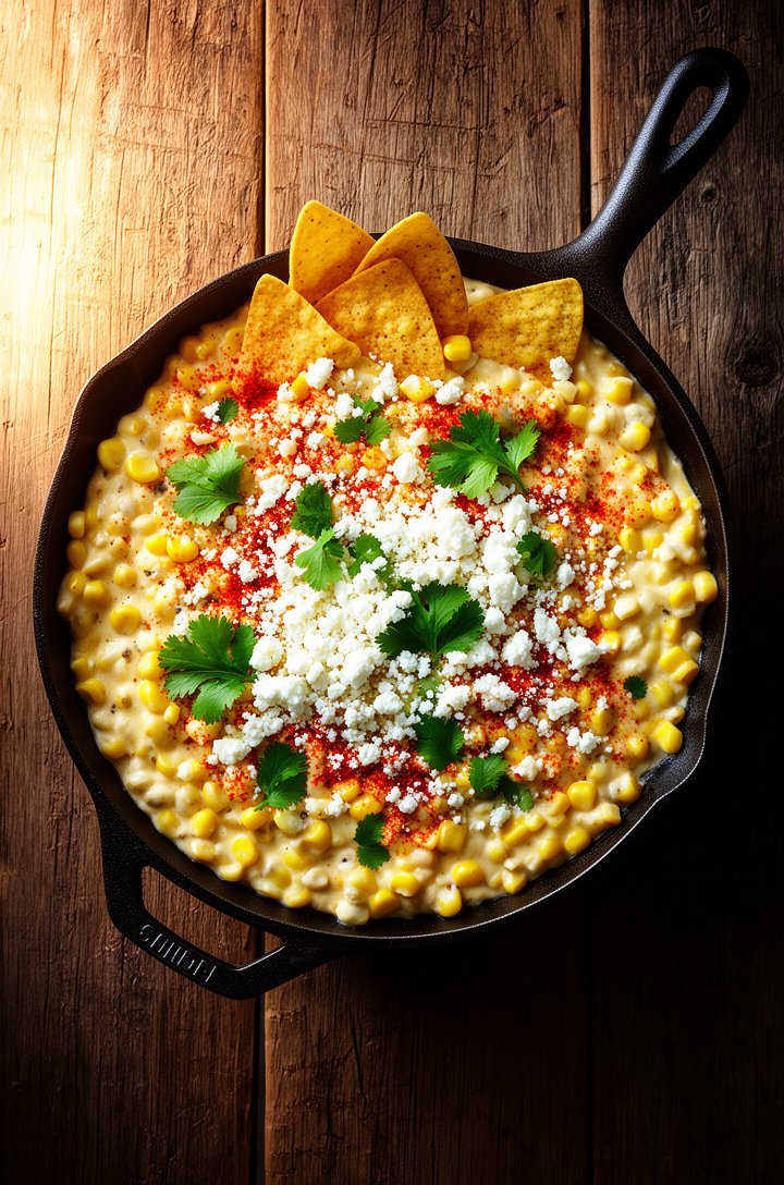 Overhead shot of a dark cast iron skillet filled with creamy Mexican street corn dip, scattered with crumbled white cotija cheese, red chili powder dust, and bright green cilantro, a few tortilla chip