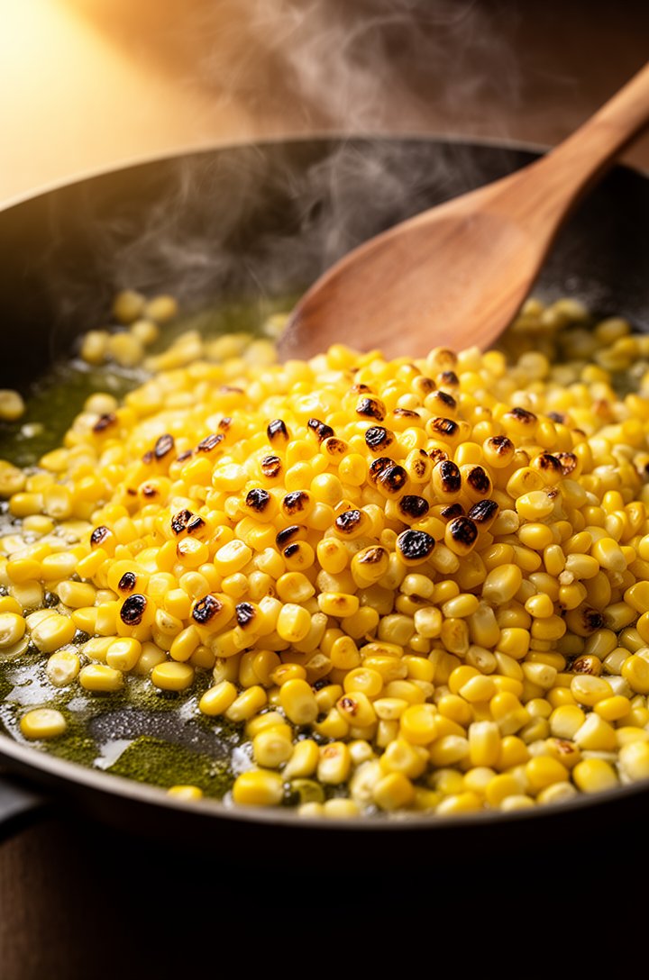 Close-up 30-degree angle of corn kernels charring in a hot skillet, golden-brown blistered spots visible on the kernels, wisps of steam rising, olive oil shimmering at the edges, a wooden spoon restin