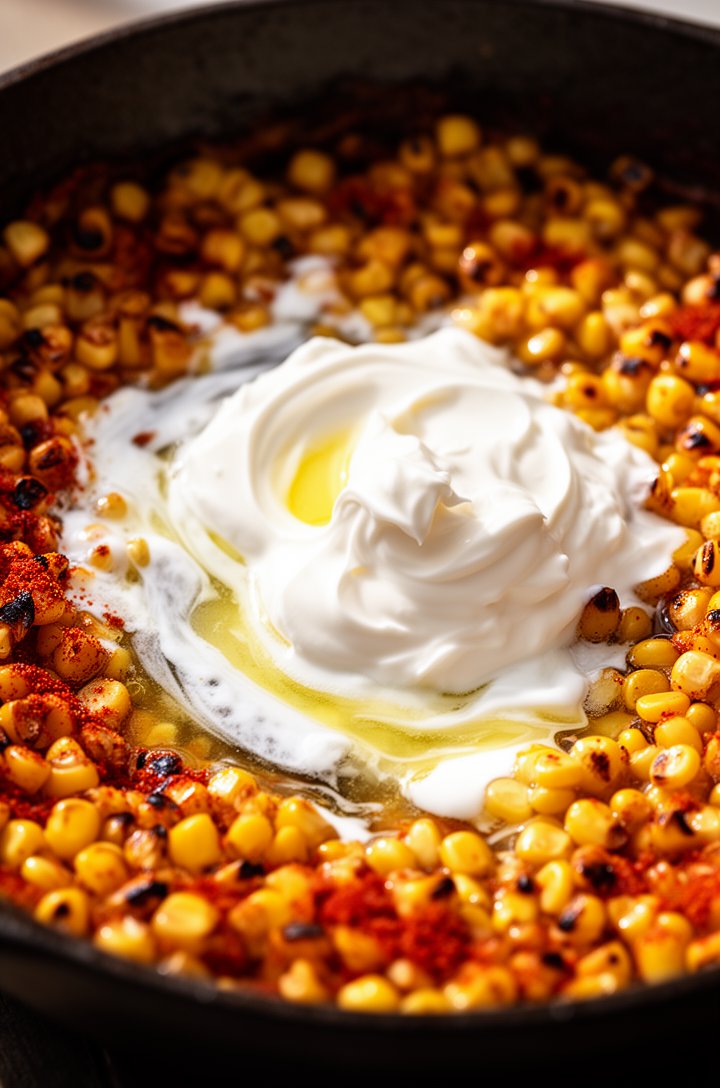 Macro close-up of cream cheese, sour cream, and mayo being stirred into the charred corn mixture in the skillet, the cream cheese melting and creating swirls of white through golden corn and red spice