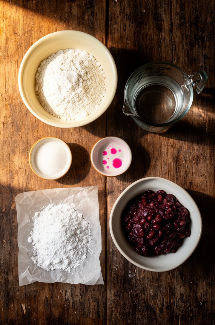 Overhead flat-lay on aged wooden board showing mise en place for mochi — a butter-cream ceramic bowl of white glutinous rice flour, a small dish of granulated sugar, a measuring cup of water, a tiny p