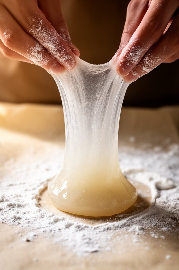 Close-up 45-degree angle of translucent glossy mochi dough being stretched between two hands dusted with white cornstarch, dough pulling in long elastic strings showing the characteristic sticky stret