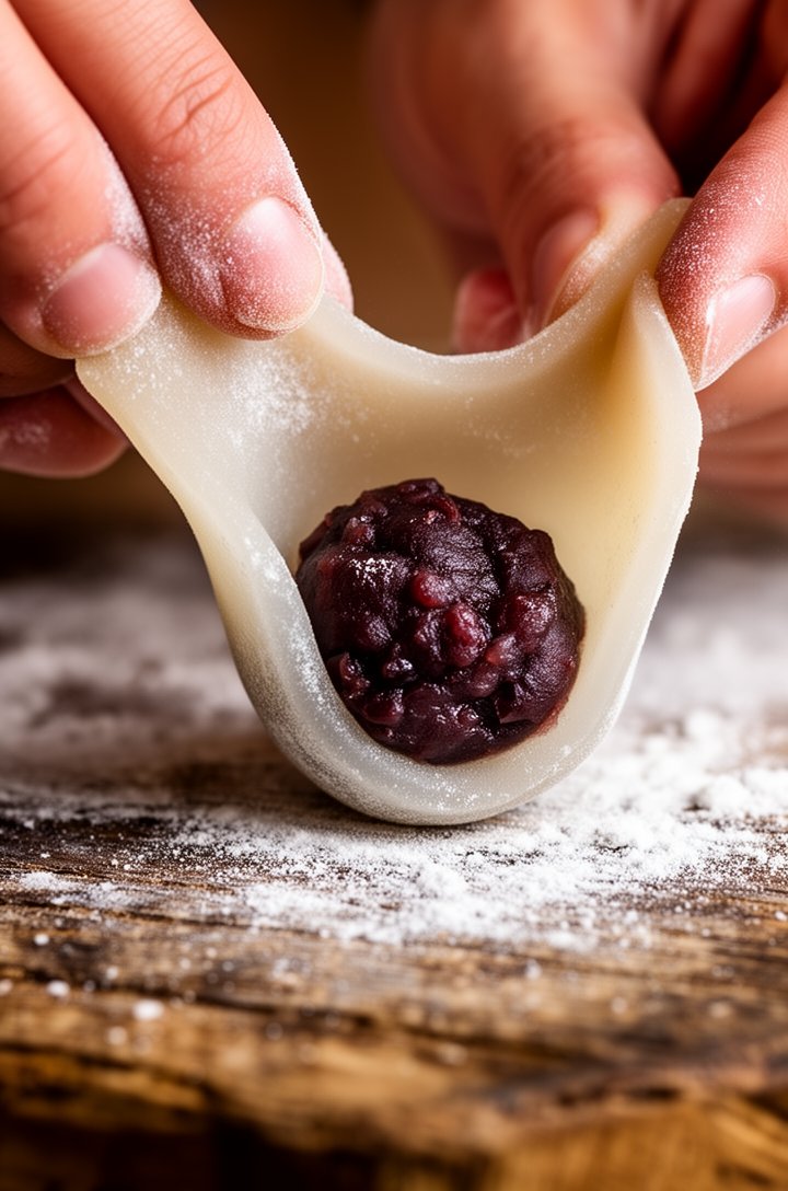 Extreme close-up macro shot of hands pinching mochi dough around a ball of dark red bean paste filling, dough stretching translucent thin showing the dark filling through the wrapper, fingers dusted w