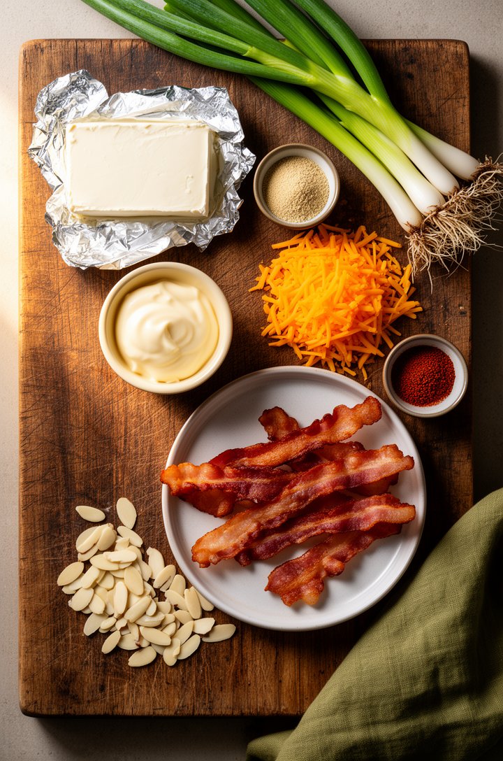 Overhead flat-lay of all million dollar dip ingredients arranged on an aged wooden cutting board — a block of cream cheese still in its foil wrapper partially unwrapped, a small butter-cream ceramic b