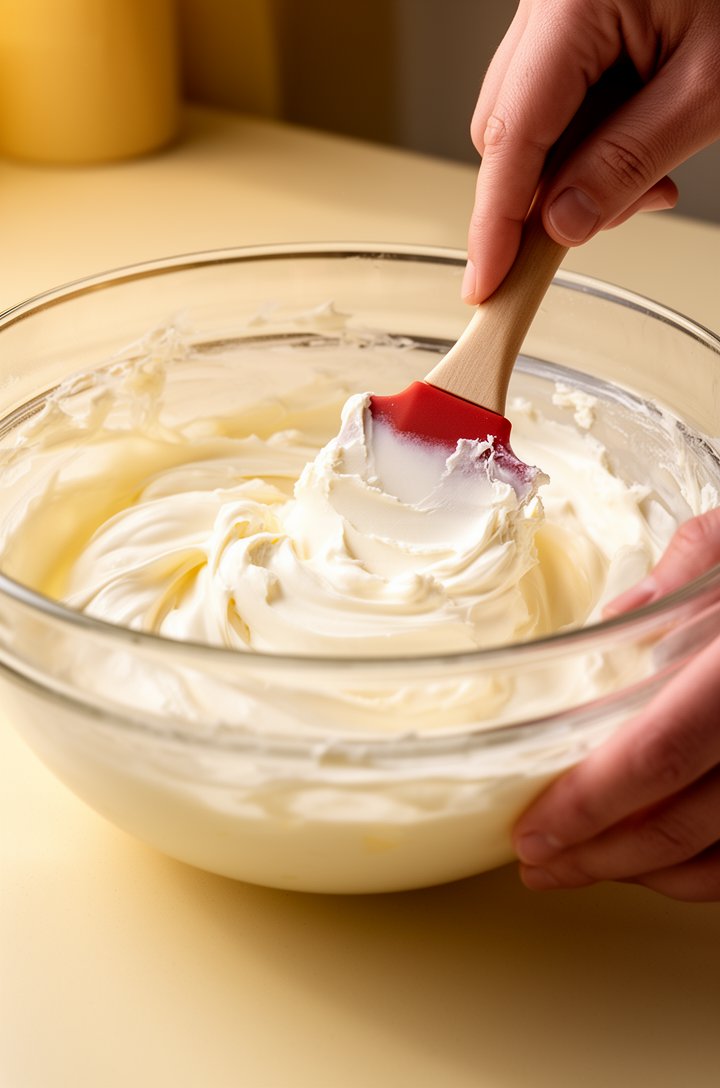 Close-up 45-degree angle of softened cream cheese being mixed with mayonnaise in a large glass mixing bowl using a rubber spatula, the mixture partially blended with visible cream cheese streaks foldi