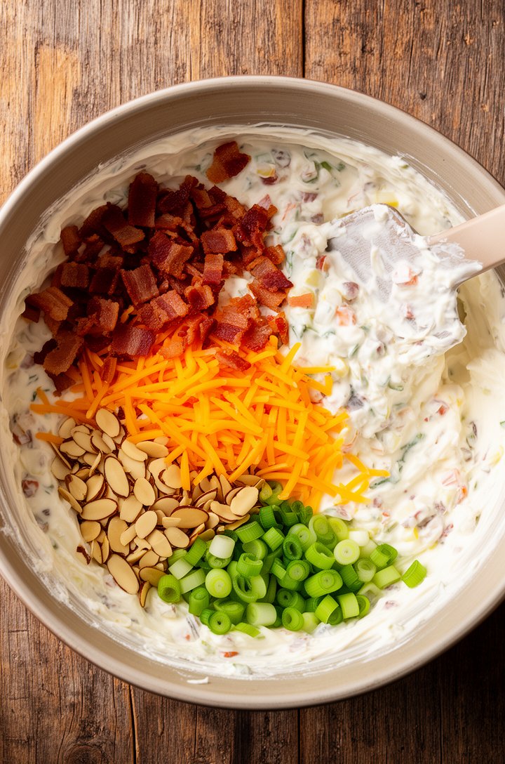 Overhead shot of the finished million dollar dip being assembled — all add-ins (chopped crispy bacon pieces, bright orange shredded cheddar, golden toasted slivered almonds, sliced green onions) being
