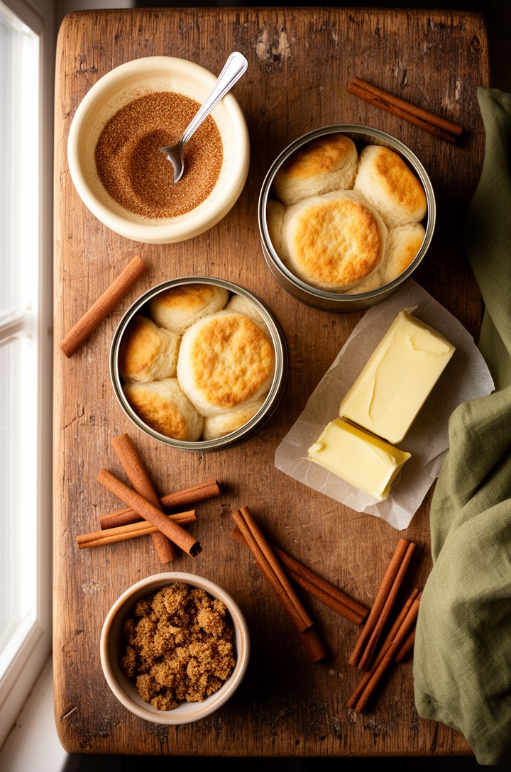 Overhead flat-lay on an aged wooden board showing three opened cans of buttermilk biscuits, a small butter-cream ceramic bowl of cinnamon-sugar mixture with a spoon, two sticks of butter on parchment,