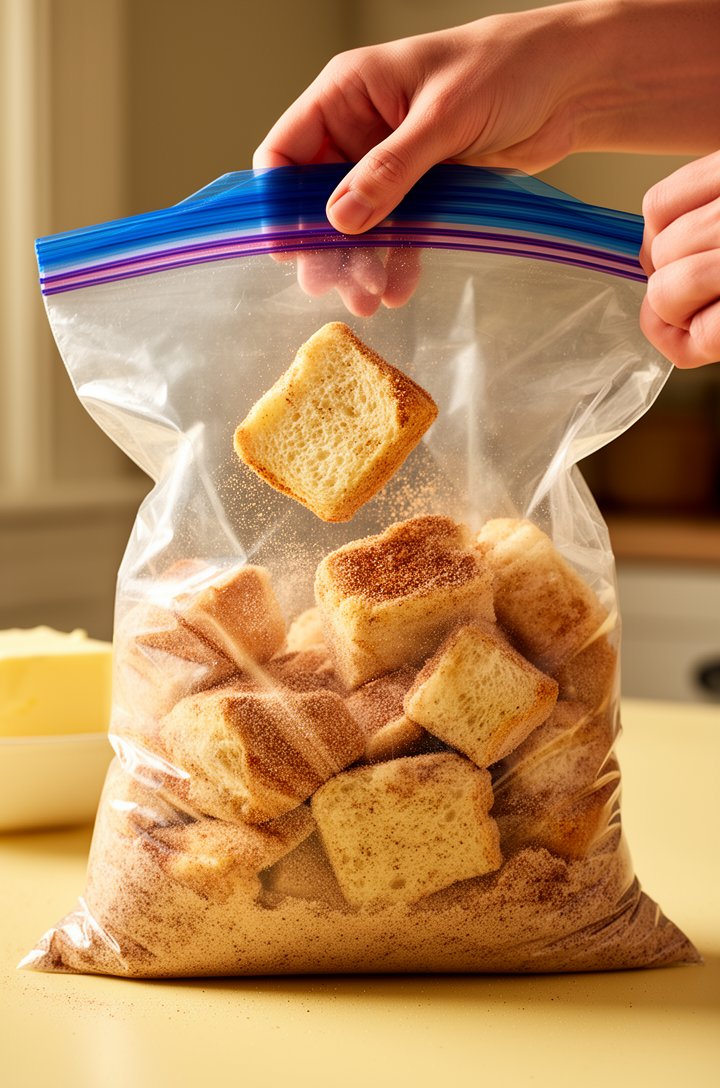 Close-up 45-degree angle of hands shaking a large zip-top bag filled with quartered biscuit pieces and cinnamon-sugar, pieces tumbling mid-air inside the bag, visible cinnamon-sugar coating on the dou