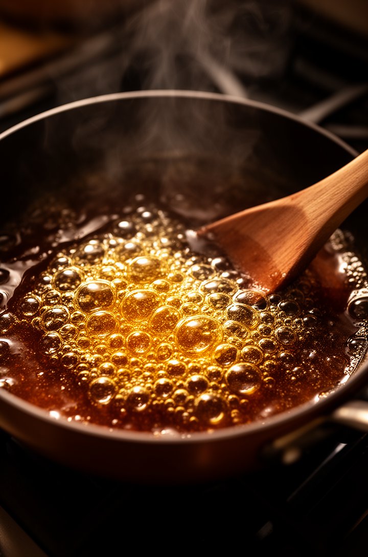 Close-up macro shot of bubbling butter and brown sugar caramel in a small saucepan on the stove, large glossy amber bubbles, rich dark golden color, wooden spoon resting against the edge, steam rising
