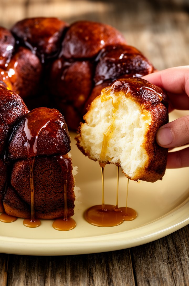 Dramatic close-up of freshly flipped monkey bread on a butter-cream ceramic plate, caramel dripping slowly down the sides of the bundt shape, deep mahogany brown glazed biscuit pieces glistening, one 