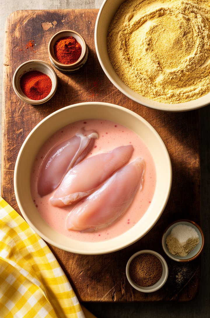 Overhead flat-lay on an aged wooden cutting board of raw chicken tenders in a butter-cream ceramic bowl of pinkish buttermilk-hot sauce marinade, a separate wide dish of golden seasoned flour, small p