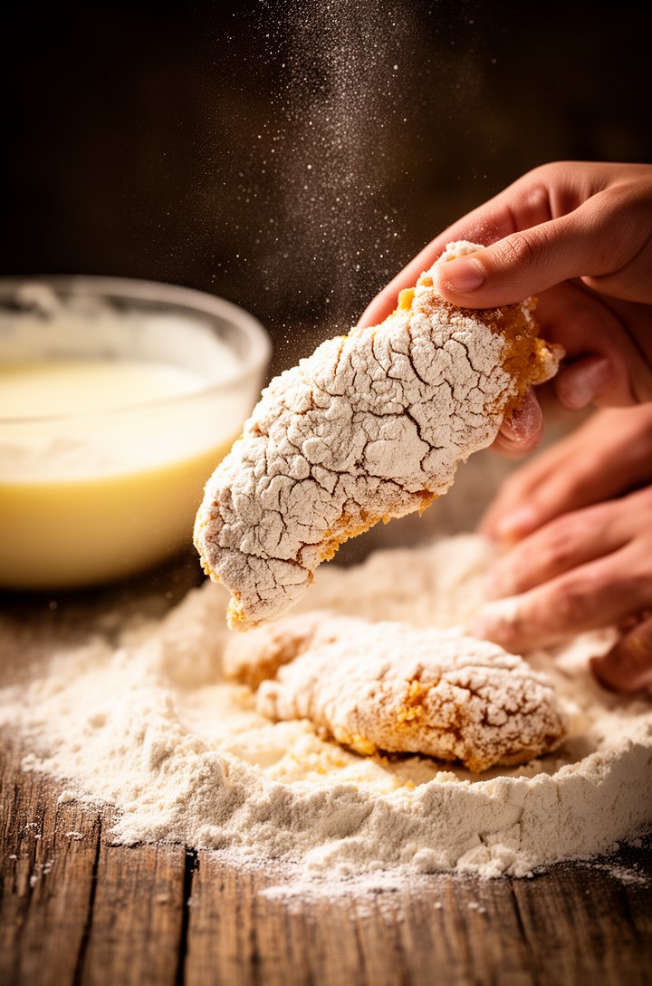 Close-up 30-degree angle of chicken tenders being double-dredged, one tender held in mid-air showing thick shaggy flour coating with visible craggy texture, shallow buttermilk bowl and flour bowl visi