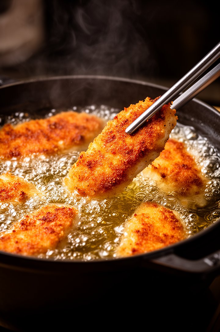 Dramatic side-angle shot of chicken tenders frying in bubbling golden oil in a dark Dutch oven, crust turning deep golden brown, tiny oil bubbles surrounding each tender, tongs lifting one tender at t