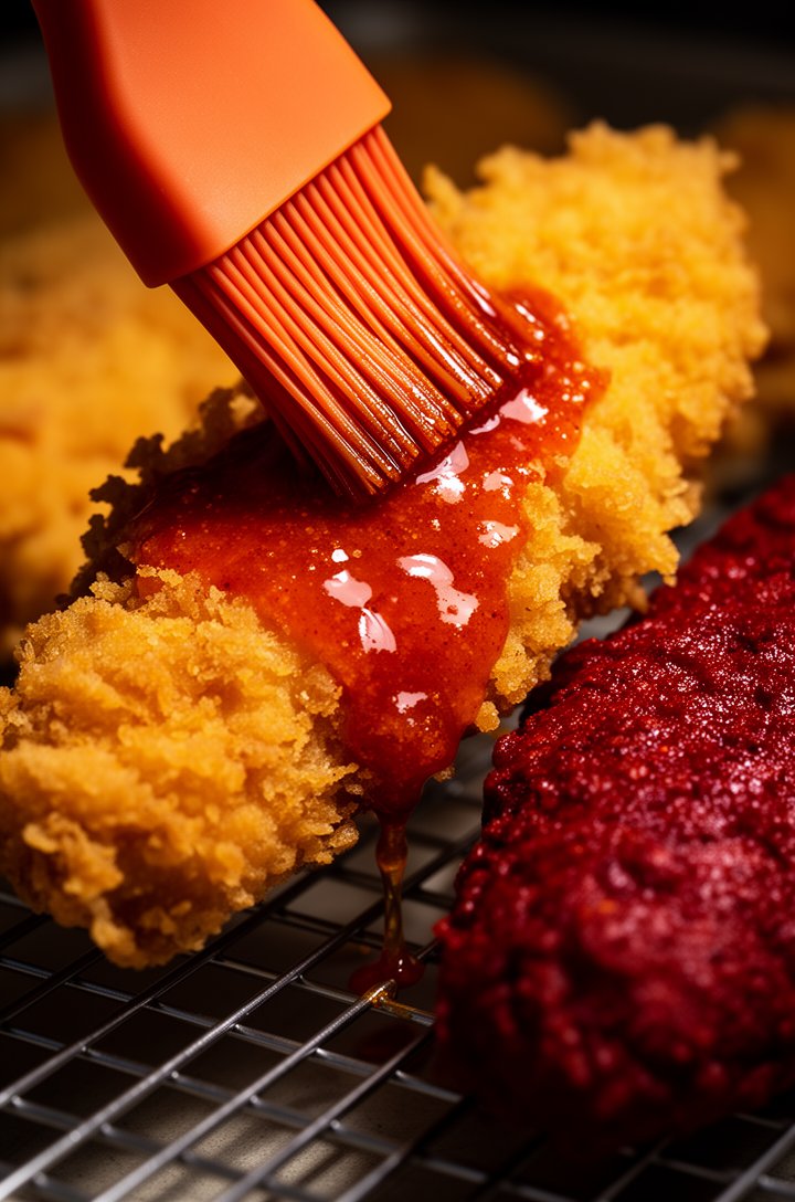 Extreme close-up macro of the Nashville hot paste being brushed onto a freshly fried golden chicken tender with a silicone brush, the deep reddish-orange cayenne-brown sugar oil glistening and drippin