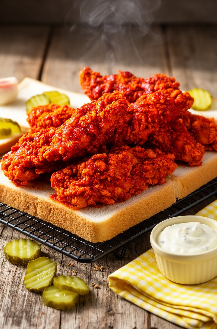 Beauty shot at 45-degree angle of finished Nashville hot chicken tenders piled high on a wire cooling rack over white sandwich bread slices, deep reddish-orange cayenne coating glistening, scattered d