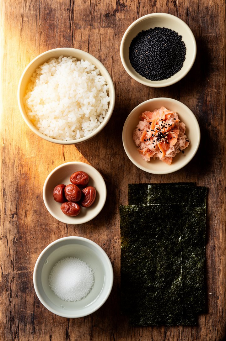 Overhead flat-lay of onigiri-making mise en place on an aged wooden board — a bowl of warm cooked white short-grain rice, small butter-cream ceramic dishes holding flaked salmon with sesame seeds, tun