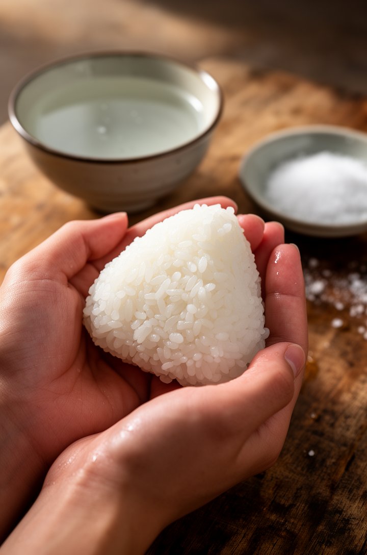 Close-up 30-degree angle of hands shaping an onigiri — wet palms cupping warm white rice into a triangle shape, individual rice grains visible and glistening, a small bowl of water and pinch dish of s