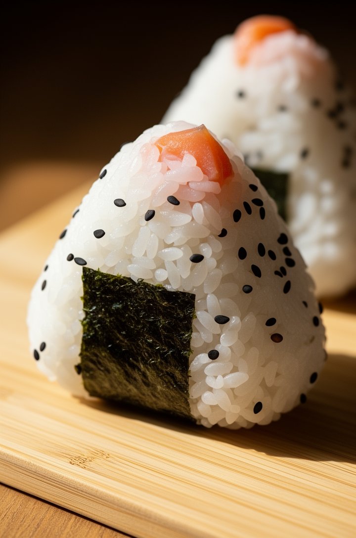 Extreme close-up macro of a single finished onigiri sitting on a light bamboo board, triangular white rice ball with scattered black sesame seeds on the surface, a strip of dark crispy nori wrapped ar
