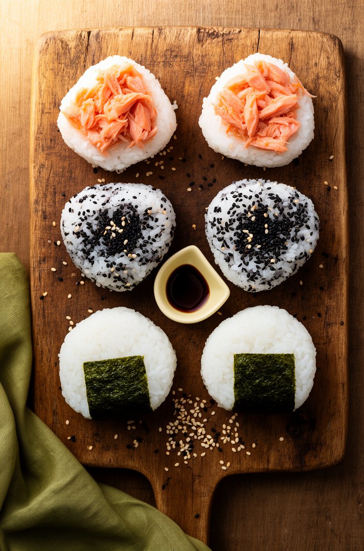 Overhead beauty shot of six finished onigiri arranged on an aged wooden serving board, two salmon-filled with visible pink flakes at the top, two with black sesame seeds mixed into the rice, two plain